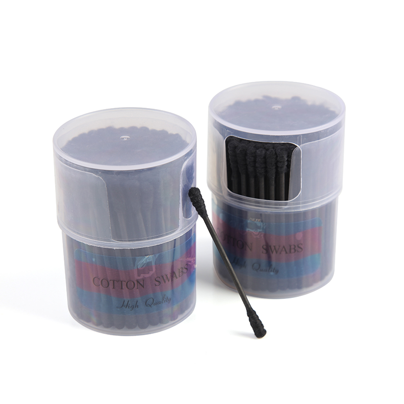 Cotonete de algodão preto com ponta dupla cosmética e caixa 
