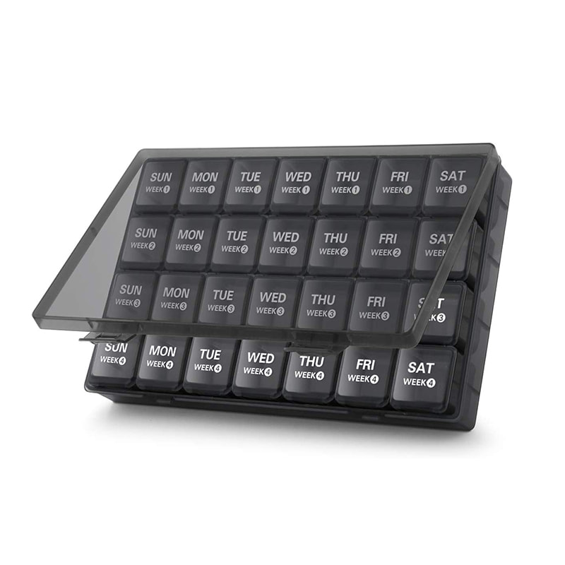 Organizador de comprimidos mensal à prova de poeira de 28 dias e 4 semanas 