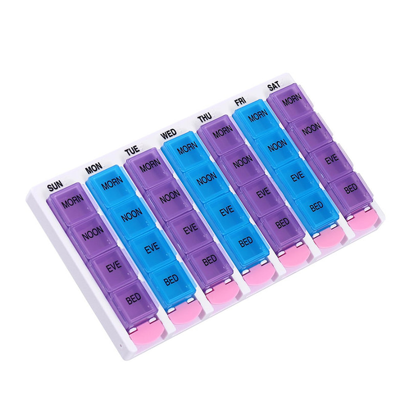 Caixa de comprimidos com botão de pressão semanal em promoção para viagens 